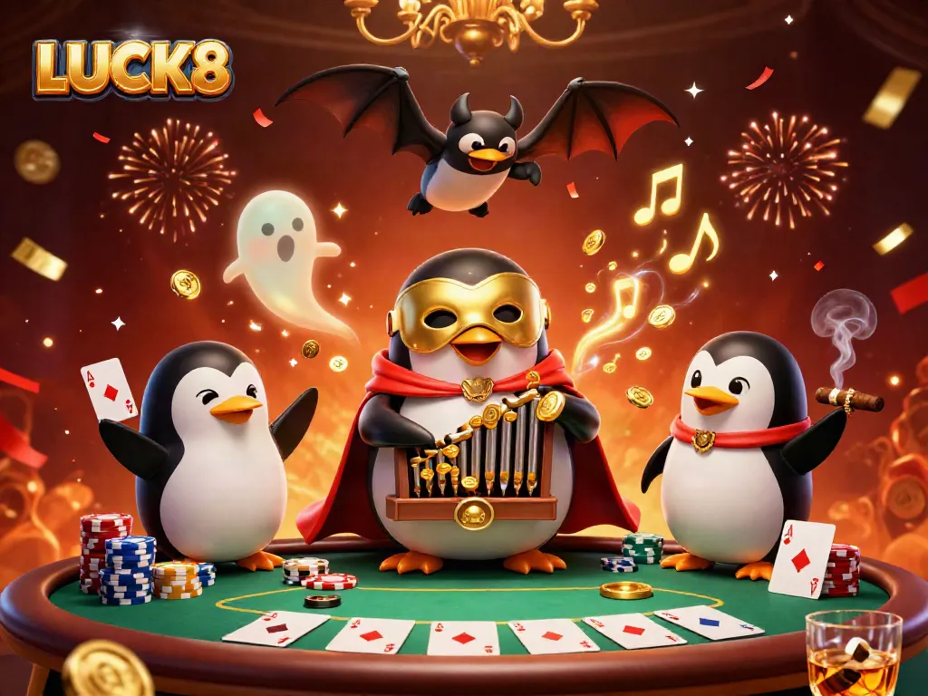 Spin the reels with LUCK8 in a vibrant casino scene featuring gold coins and playful characters.