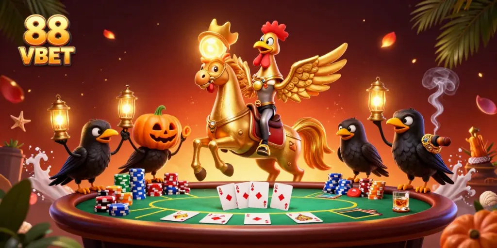 Win big at 88 VBET with this vibrant casino scene featuring dynamic characters and poker elements.