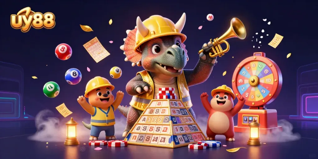 Engaging illustration of uy88 featuring a cartoon triceratops and lottery elements celebrating wins.