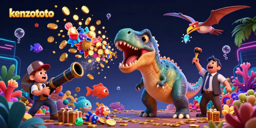 Kenzototo platform showcases 3D cartoon dinosaurs in an underwater treasure scene filled with vibrant sea creatures.