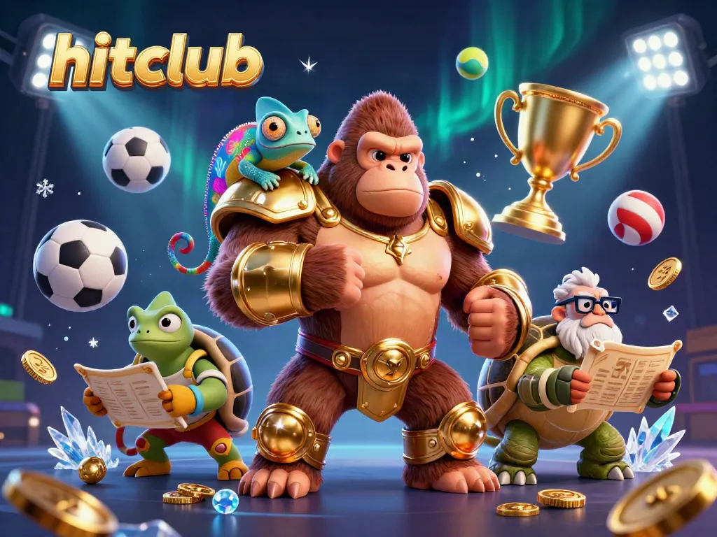 Experience the excitement of hitclub with an animated scene of a powerful king gorilla, colorful chameleon, and wise tortoise amidst dynamic gambling elements.