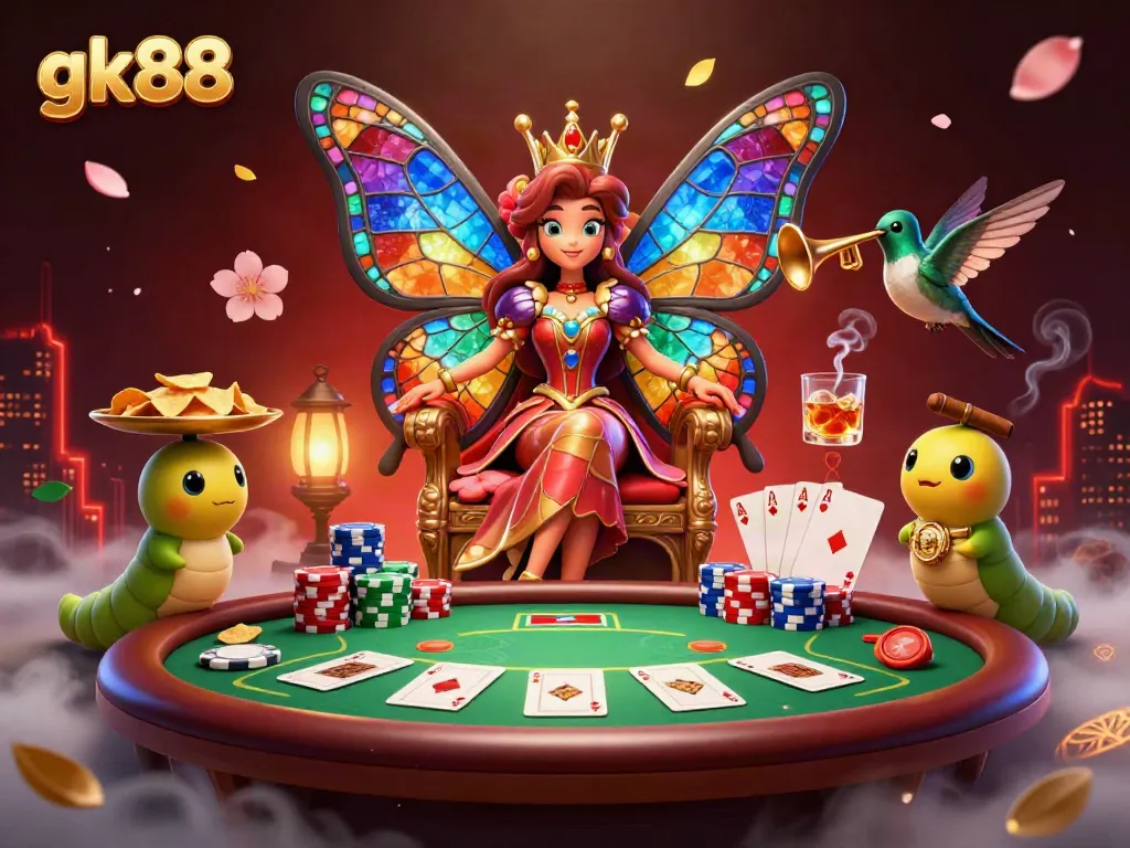 Engage with gk88 in a vibrant casino scene showcasing a butterfly queen, poker elements, and colorful chips.