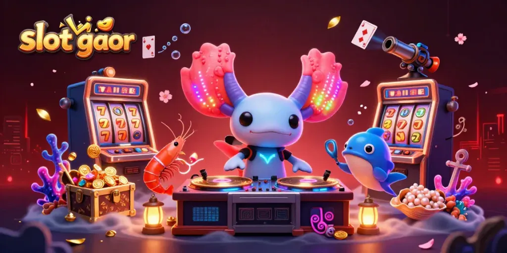 Visualisasi slot gacor dengan DJ axolotl 3D dan elemen permainan menarik lainnya di latar bawah laut.