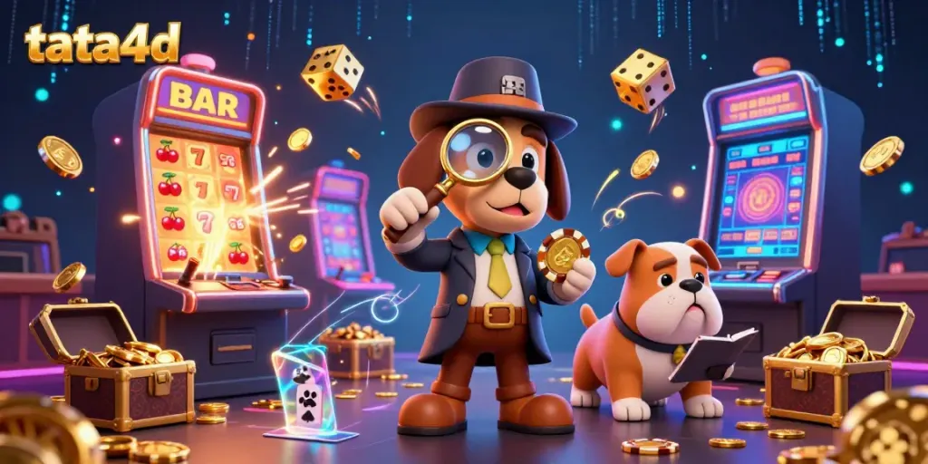 Tata4d's thrilling casino adventure with slot machines exploding coins, featuring a 3D detective and bulldog.
