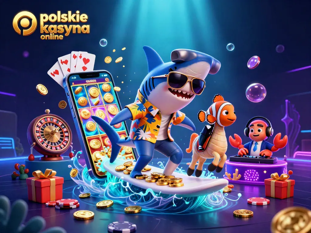 Experience polskie kasyna online with vibrant graphics of a shark surfing on gold coins and colorful slot games.