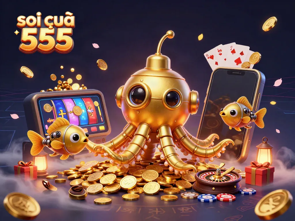 Engage with soi cầu 555 as a vibrant gold kraken submarine explores a sea of coins, symbolizing luck in gambling.