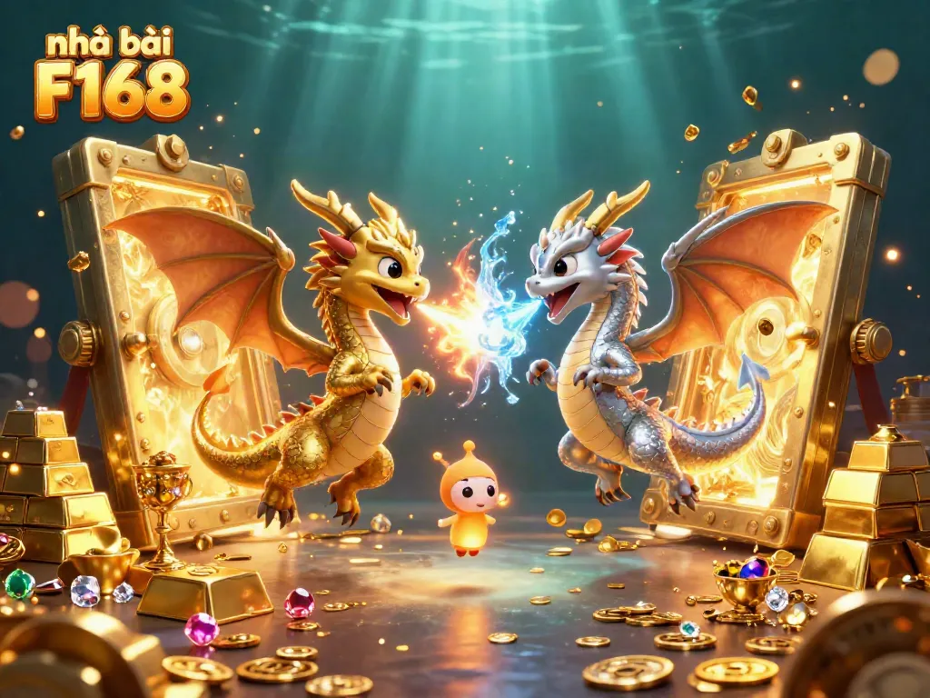 Experience dramatic dragon action and treasure in Nhà cái F168's vibrant casino setting.