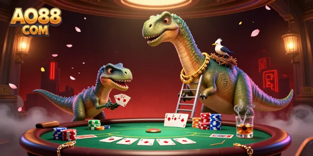 Engage in excitement at AO88 COM with a 3D cartoon brontosaurus overseeing a lively poker table scene.