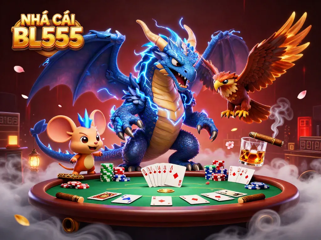 Experience the thrill at NHÀ CÁI BL555 with dynamic action-packed scenes from a vibrant poker game.