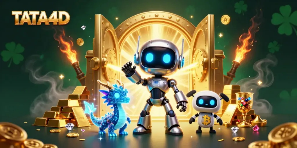 Experience online gaming excitement with TATA4D's vibrant casino-centric illustration featuring a chrome robot mascot.