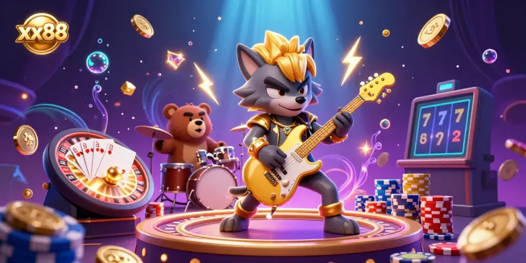Experience the excitement of xx88 with vibrant 3D illustrations of casino fun featuring unique characters and dynamic game elements.