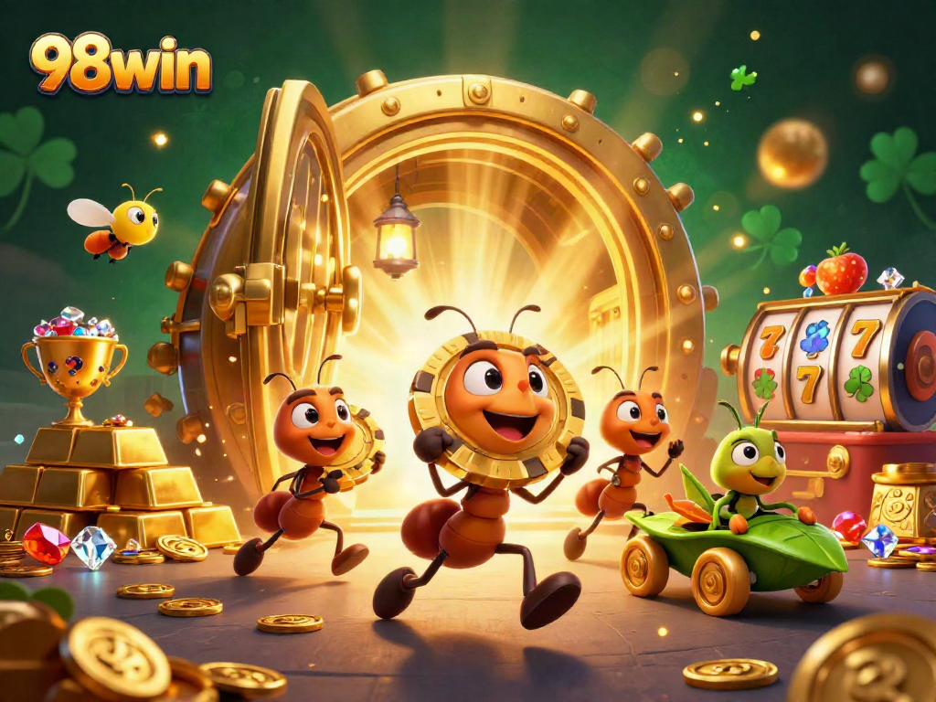 98win's team of cartoon ants carry a golden poker chip in a vibrant casino heist scene.
