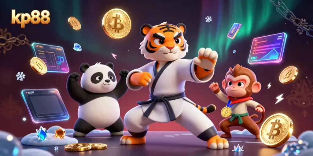 Experience the exciting world of kp88 with vivid characters and dynamic casino elements in this digital art.