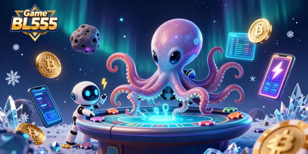 Experience the excitement of Game BL555 with an alien octopus at a holographic poker table in a dynamic cosmic casino.