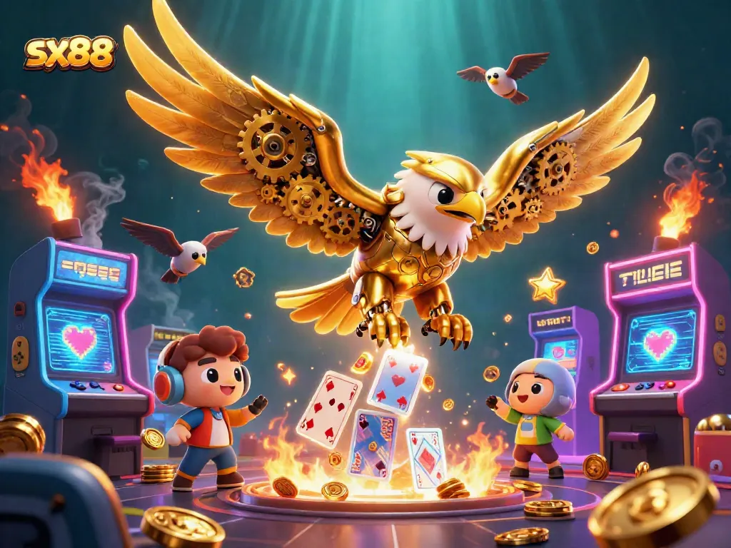 Experience thrilling gameplay with the sx88, featuring golden eagles and holographic cards in this vibrant casino scene.