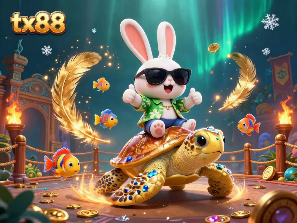 Experience thrilling games at tx88 with a vibrant 3D casino scene featuring a lucky rabbit and golden turtle.